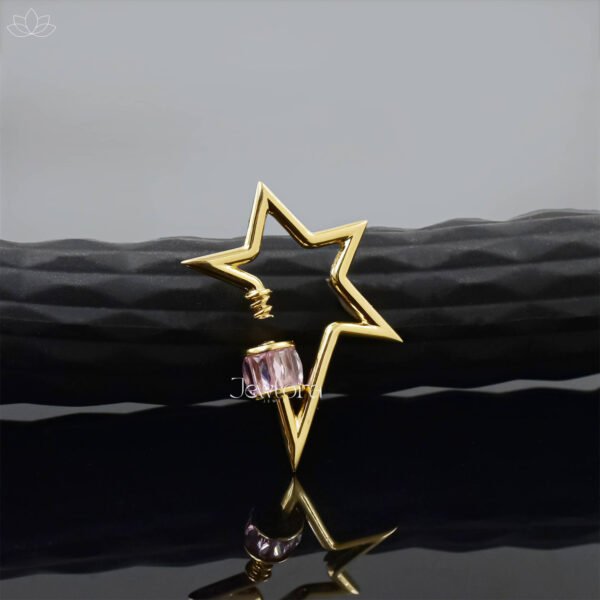 14K Yellow Gold Baguette Pink Cubic Zirconia Star Carabiner Lock Jewelry - Image 2