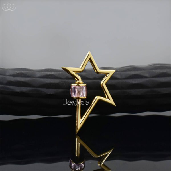 14K Yellow Gold Baguette Pink Cubic Zirconia Star Carabiner Lock Jewelry