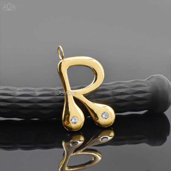 14K Yellow Gold Plated White Cubic Zirconia R Bubble Letter Charm Jewelry