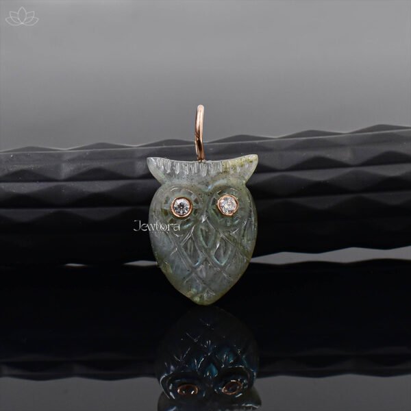14K Yellow Gold Loop & Eye Labradorite Owl Charm Jewelry