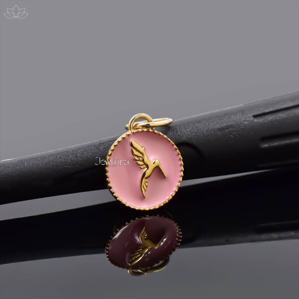 14K Yellow Gold Pink Enamel Bird Charm Jewelry