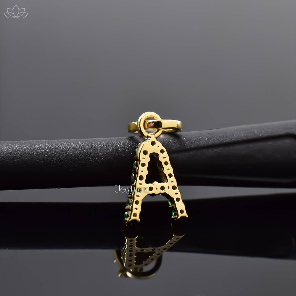 14K Yellow Gold Tsavorite & Diamond A Letter Charm Jewelry - Image 3