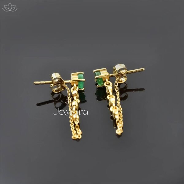 14K Yellow Gold Emerald & Double Cut Diamond Chain Dangle Drop Earring Jewelry - Image 3