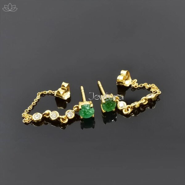 14K Yellow Gold Emerald & Double Cut Diamond Chain Dangle Drop Earring Jewelry - Image 4