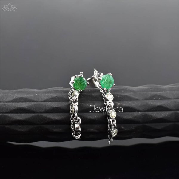 14K Yellow Gold Emerald & Double Cut Diamond Chain Dangle Drop Earring Jewelry - Image 5