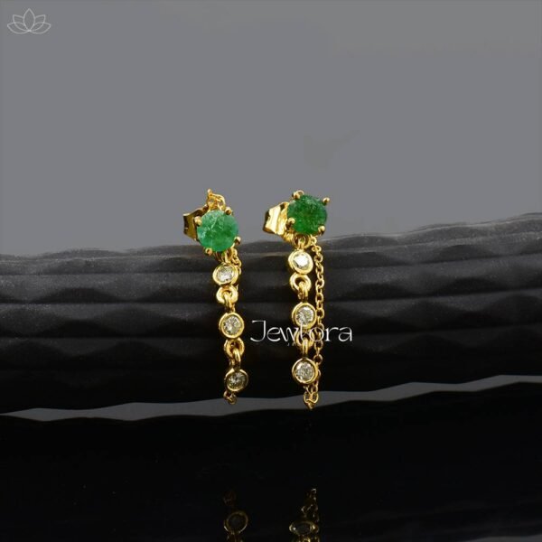 14K Yellow Gold Emerald & Double Cut Diamond Chain Dangle Drop Earring Jewelry