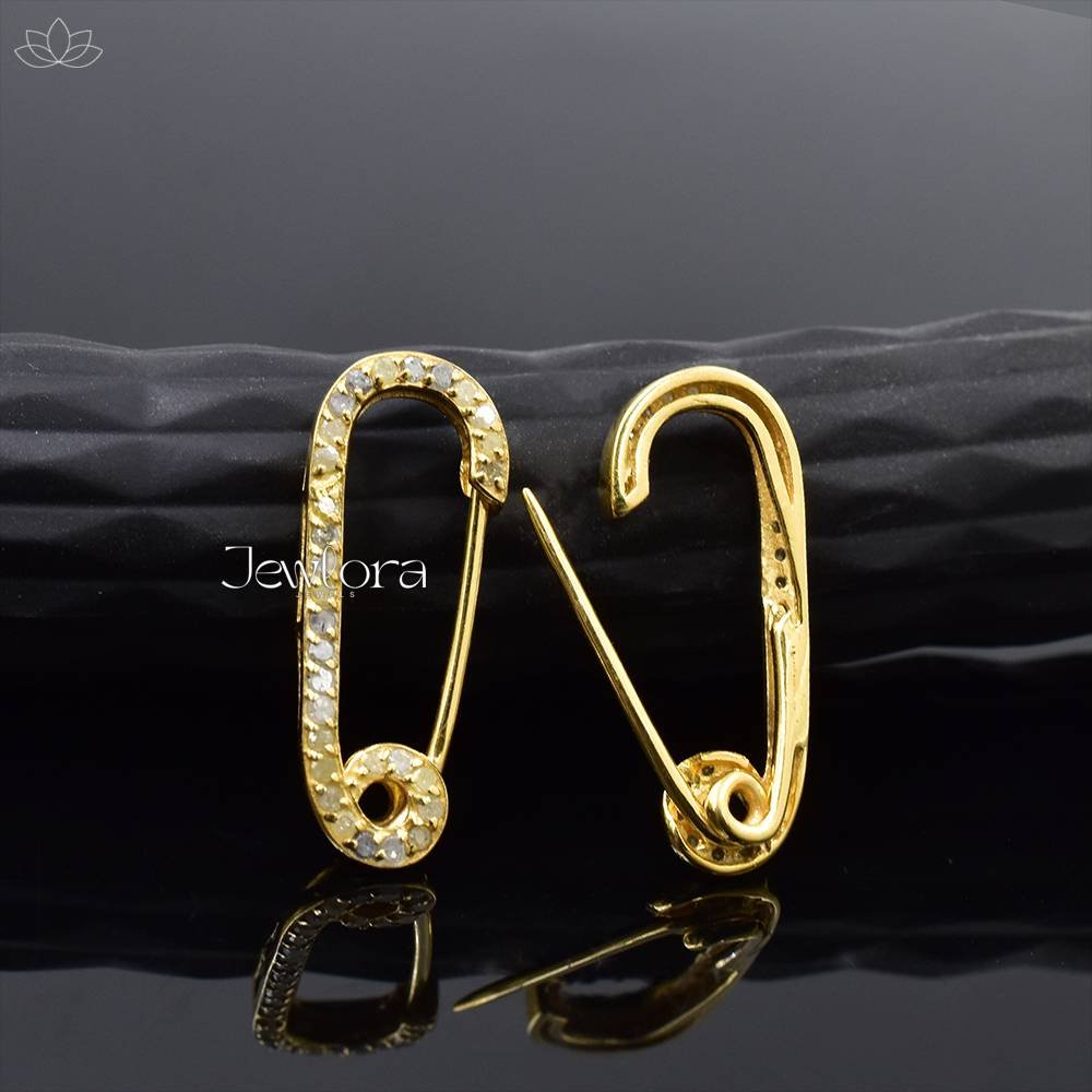 14K Yellow Gold Plated Diamond Safety Pin Earrings Jewelry - Image 2