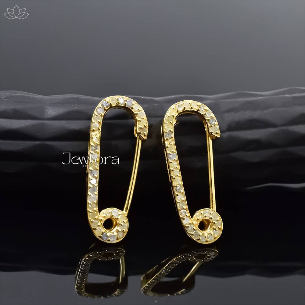 14K Yellow Gold Plated Diamond Safety Pin Earrings Jewelry