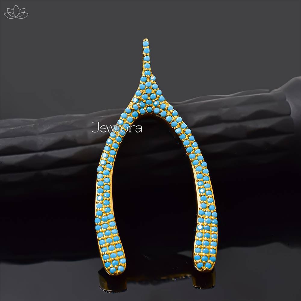 14K Yellow Gold Plated Turquoise Wishbone Pendant Jewelry