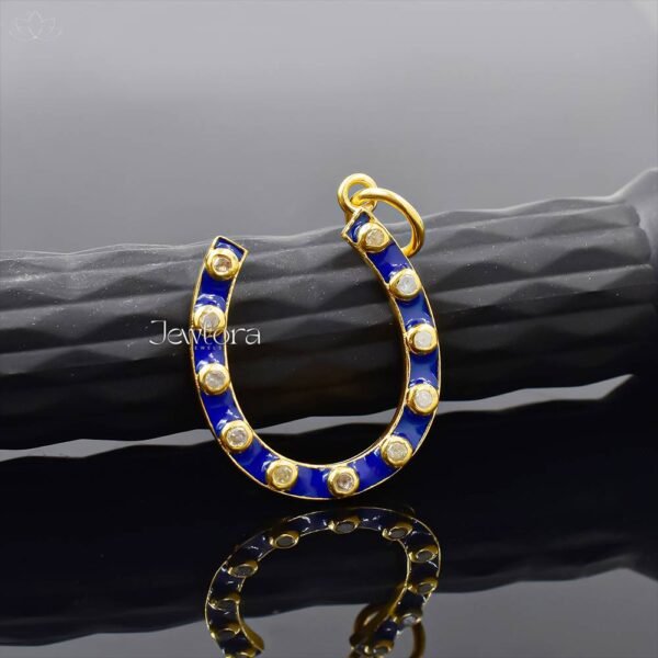 14K Yellow Gold Plated Diamond Horseshoe Blue Enamel Pendant Jewelry
