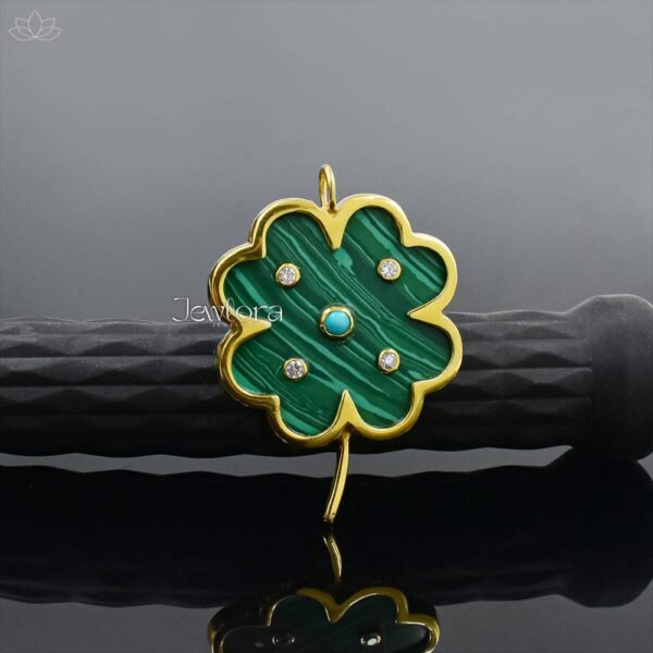 14K Yellow Gold Plated Malachite Clover Pendant Jewelry
