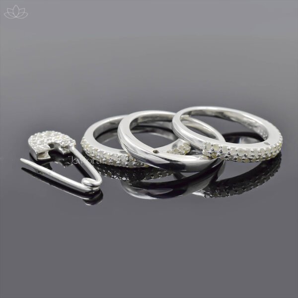92.5 Silver Diamond Safety Pin Connector 3 Set Band Ring Jewelry - Image 2