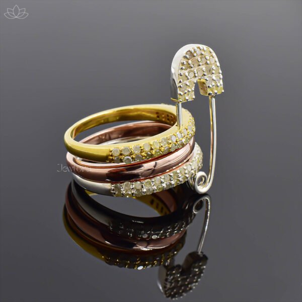 14K Yellow, Rose Gold Plated & Silver Diamond Safety Pin Connector 3 Set Band Ring Jewelry - Image 3