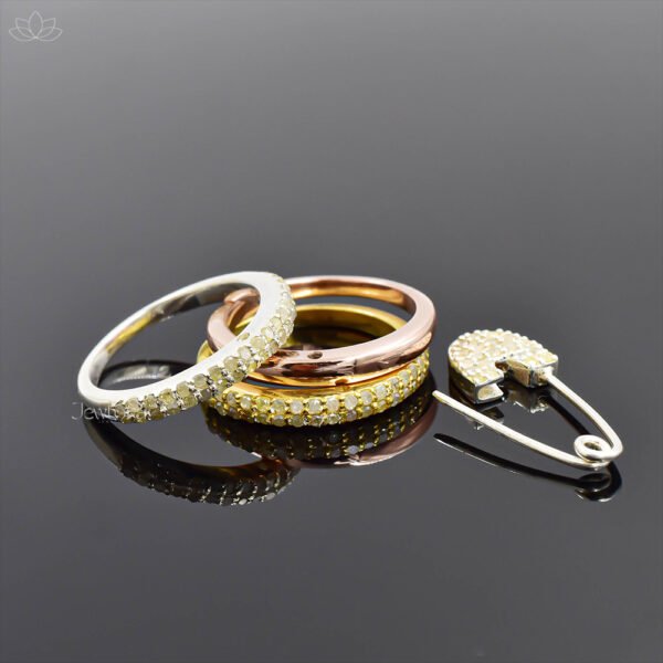 14K Yellow, Rose Gold Plated & Silver Diamond Safety Pin Connector 3 Set Band Ring Jewelry - Image 5