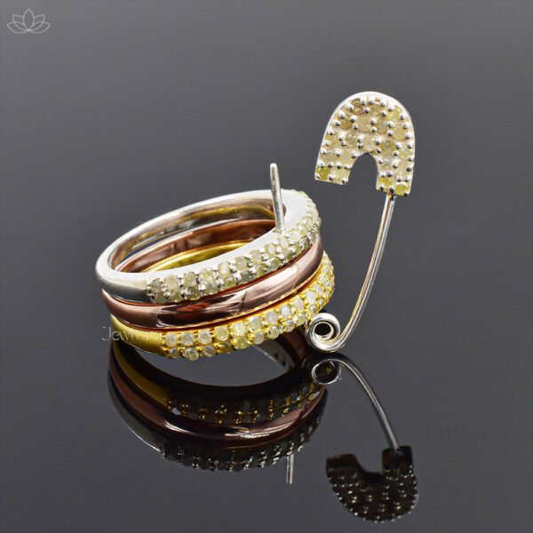 14K Yellow, Rose Gold Plated & Silver Diamond Safety Pin Connector 3 Set Band Ring Jewelry - Image 2