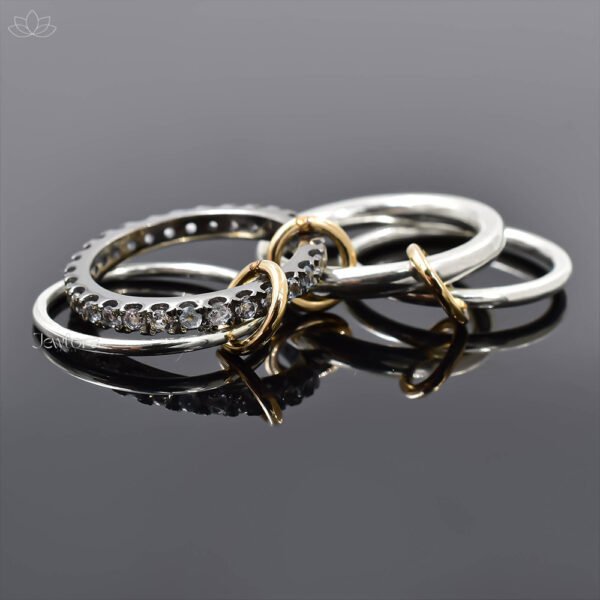 14K Yellow Gold Jump, Silver Plain And White Topaz 4 Set Band Ring Jewelry - Image 2