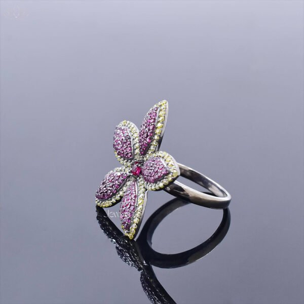 925 Silver Gray Plated Ruby & Yellow Cubic Zirconia Floral Ring Jewelry - Image 3