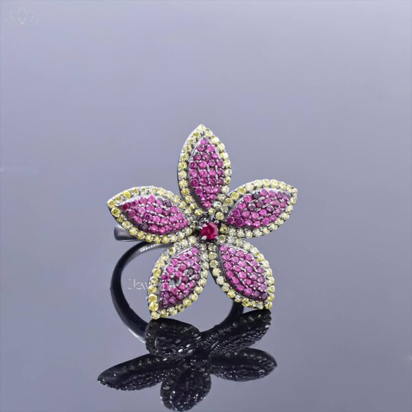 925 Silver Gray Plated Ruby & Yellow Cubic Zirconia Floral Ring Jewelry